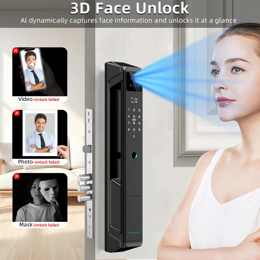 NEW Arrivals P8 TUYA App Wi-Fi Smart Lock, 21 Languages, Remote Video Call Intercom, Face-Palm IC Card Unlock, Black/Gray Anti Theft Top Quality Security System Home Apartments Office Security Supplies