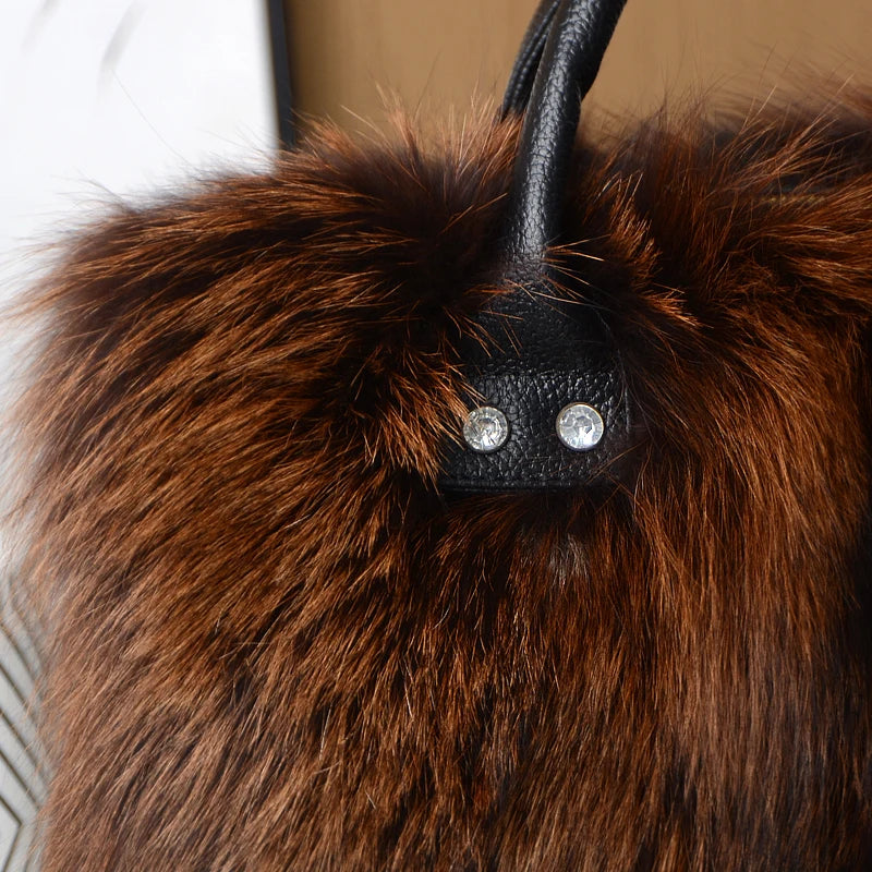 Luxurious Real Natural Red Fox Fur Handbag Women Single Shoulder Crossbody Bags Lady Clutch Bag Tote Bag Winter Outdoor Evening Travel Ladies Warm Shoulder Bags Female Women Luxury Fashion Clothing Accessories Products