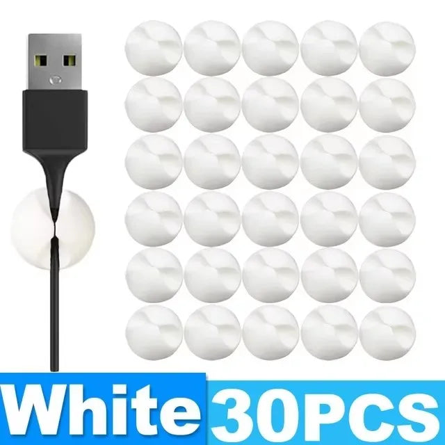 NEW Arrivals 30PCS Set White/Black Color Self-Adhesive Wire Fixer Cable Organizers Cable Holder Silicone Data Lines Desktop Management Compatible Clips Stickers HOME Office