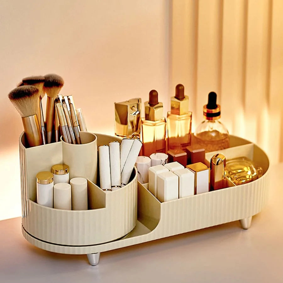 360* Rotating Makeup Organizer with Rotating Base and Divided Compartments for Lipsticks and Skincare Products