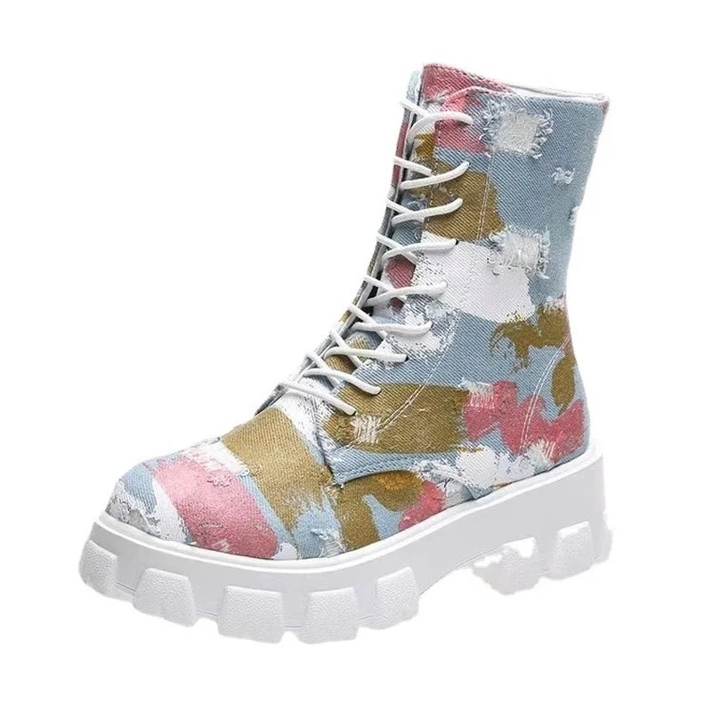 Autumn New Women's Boots 2022 Fashion Denim Camo Women's Ankle Boots Patchwork Fabric Platform Women's Sports Boots