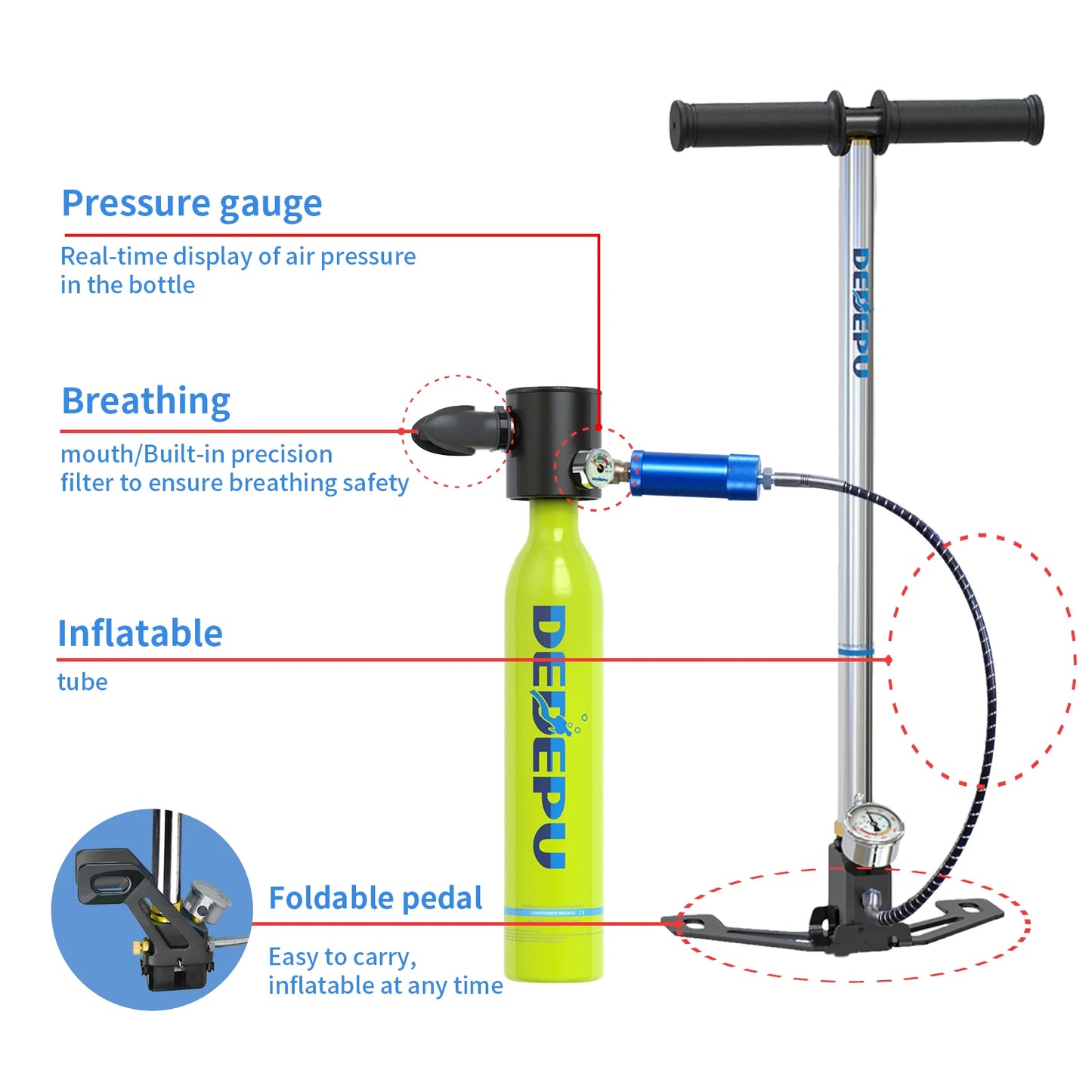 DEDEPU Scuba Diving Tank Mini Diving Cylinder Equipment Snorkeling Dive Bottle Oxygen With Hand Pump Dive Goggles Snorkeling