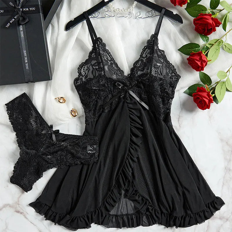 NEW Arrivals S-2XL 6 Colors Ice Silk Thin Halter Sexy Pajamas Lace Nightdress And Thong Sets Plus Size Nightwear Women Underwear Sleepwear Transparent Dress