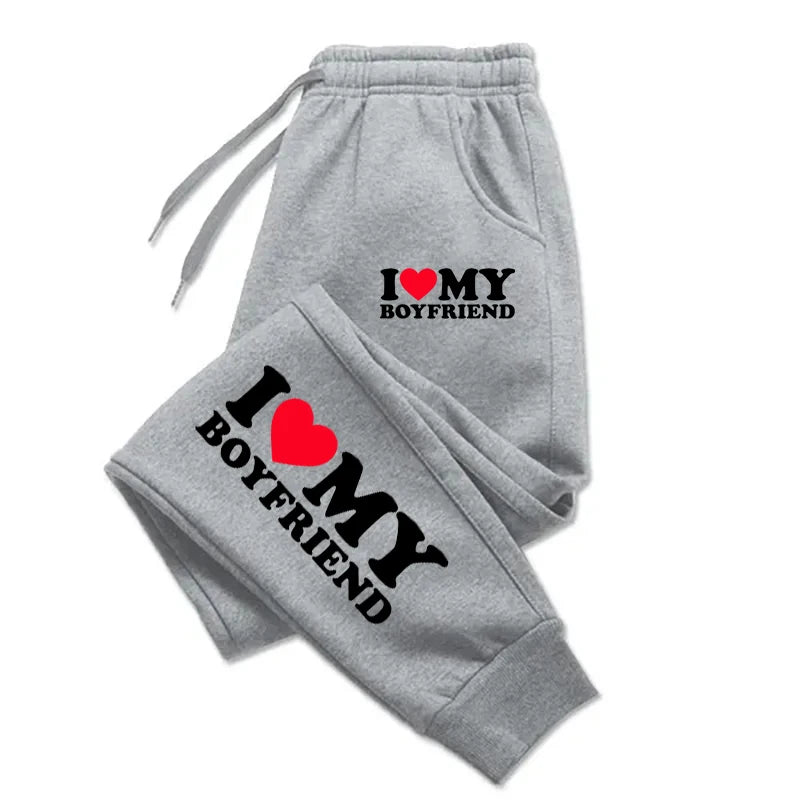 NEW Arrivals S-3XL UK Plus Size Autumn Woman Man Couple Sweatpants *I Love My Boyfriend* Tracksuit Loose Casual Warm Pants Pocket Drawstring Sportswear