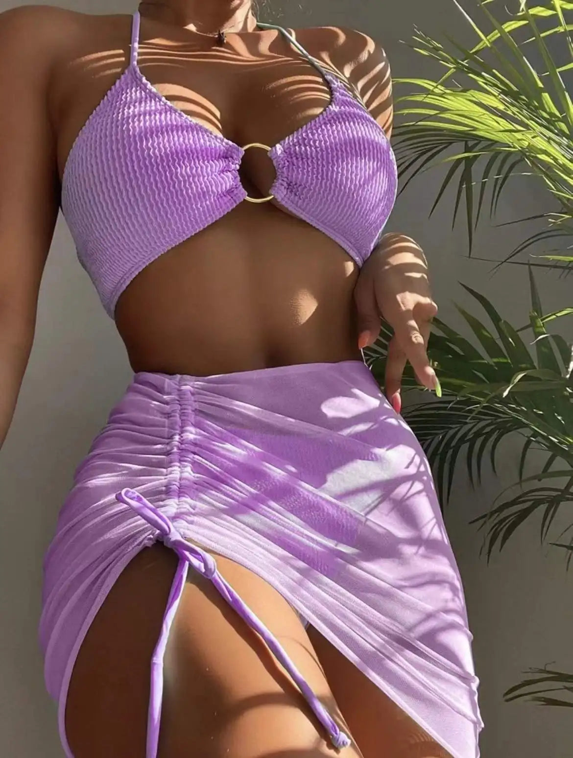 BRAND NEW 3 PCS Set 14 Colors Mesh Skirt Swimsuit Women Halter Micro Ribbed Bikini High Waist Swimwear Sexy Solid Beachwear Bathing Suit