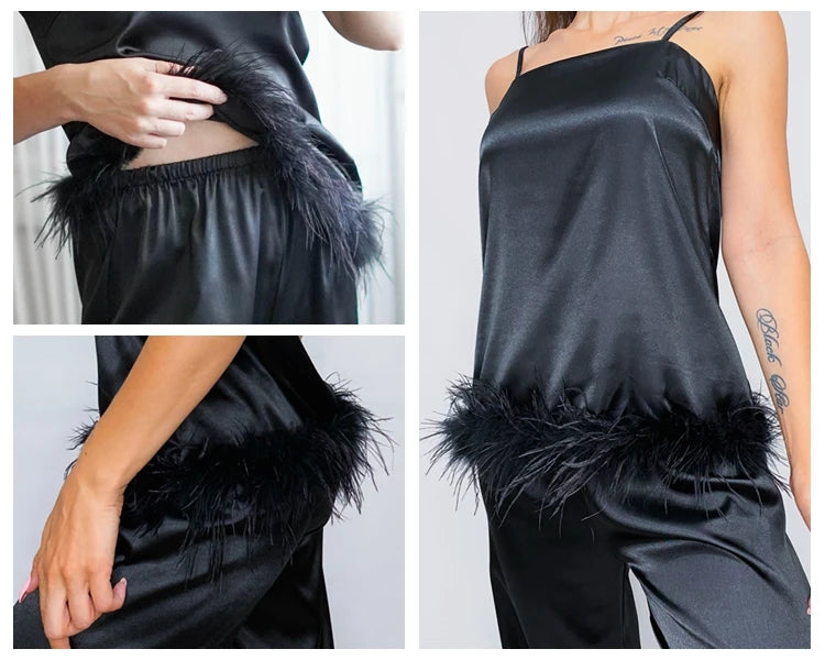 NEW Arrivals Black/White Color Satin Luxury Pajamas With Feathers Sleepwear Women Sets With Pants Black Spaghetti Strap Home Suit White Trouser Suits