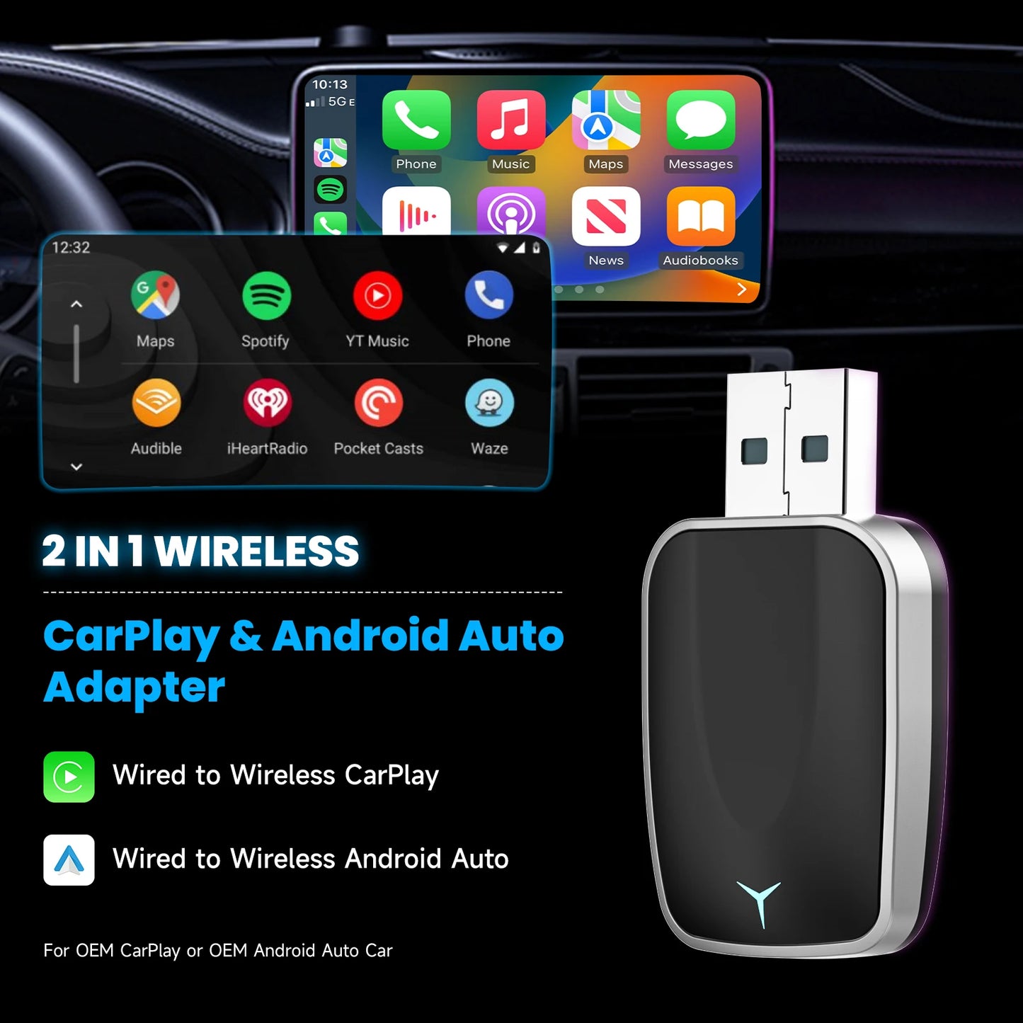 NEW Arrivals 2-in-1 Wired to Wireless CarPlay Adapter & Android Auto Wireless Adapter Plug & Play