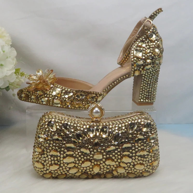 Low-Price Sales are Limited NEW Luxury Champagne Gold Wedding Shoes and Purse Set Women Bridal Fashion High Pumps Party Shoe and Bag Ankle Strap Ladies Luxury Fashion Apparel Accessories Clothing Supplies