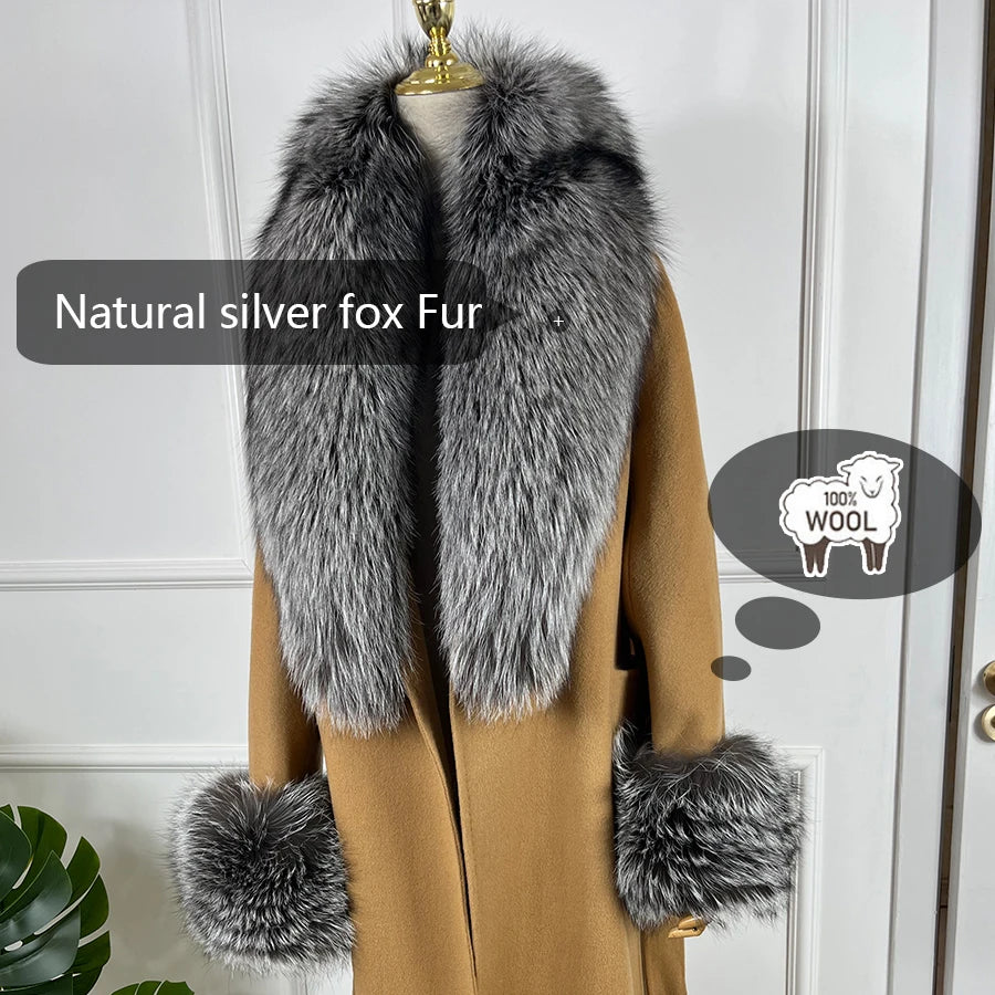 NEW Arrivals S-4XL 4 Colors Women 100% Cashmere Cardigan With Fur Natural Silver Fox Fur Coat Long Wool Blends Coat Fur Collar Cuffs Winter Evening Party Outerwear Ladies Luxury Fashion Apparel Products