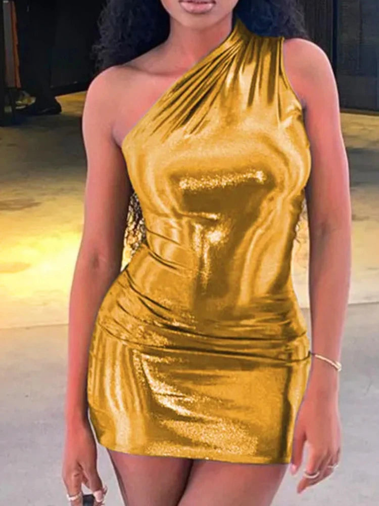 NEW Arrivals 9 Colors Sexy Shiny Bright Silk Diagonal Collar Off One Shoulder Bodycon Dress Women Sleeveless Skinny Mini Dress Club Party Vestidos