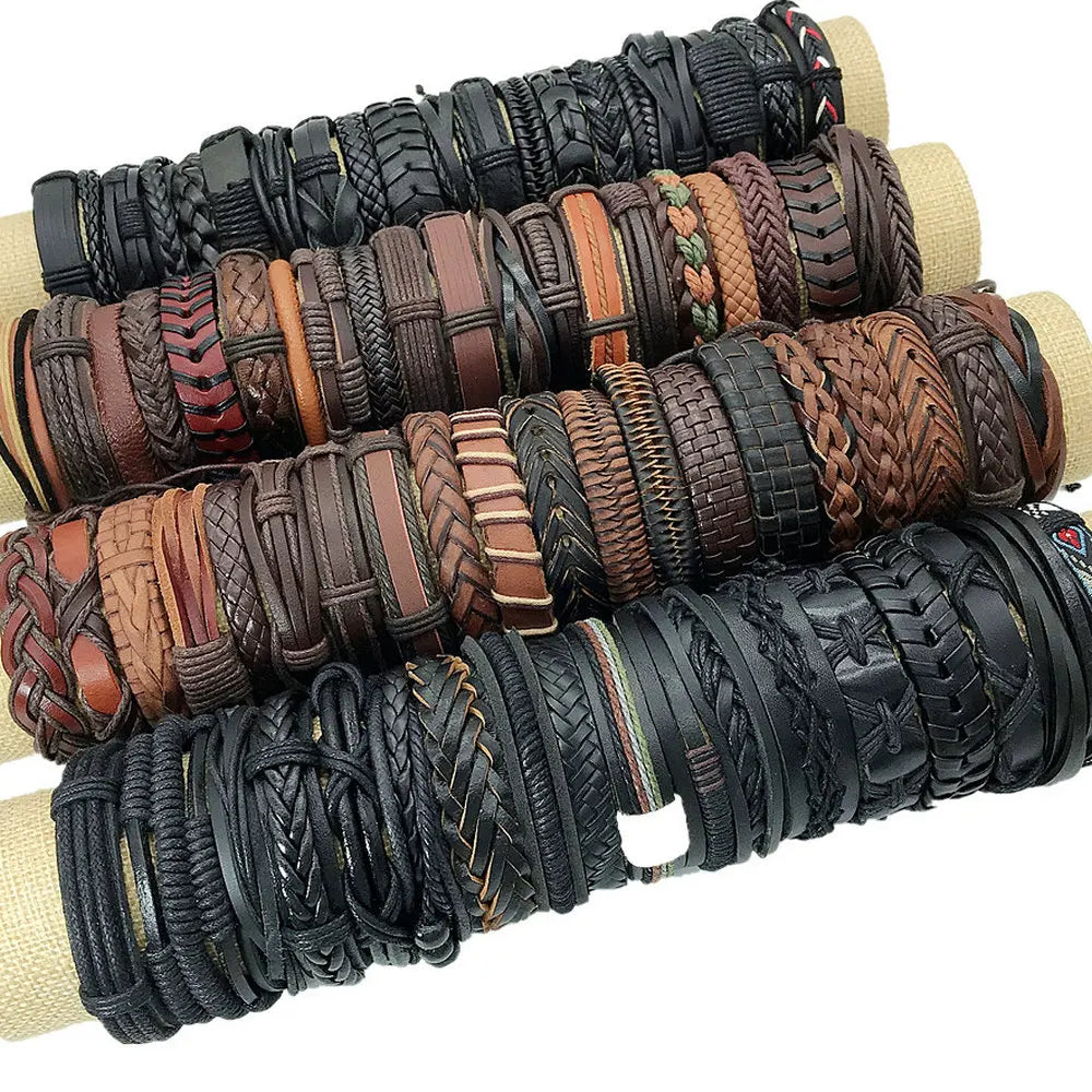 50 Pcs/lot Punk Vintage Cuff Wide Leather Men Bracelets For Women Bangles Handmade Retro Weave Mix Party Jewelry Gift
