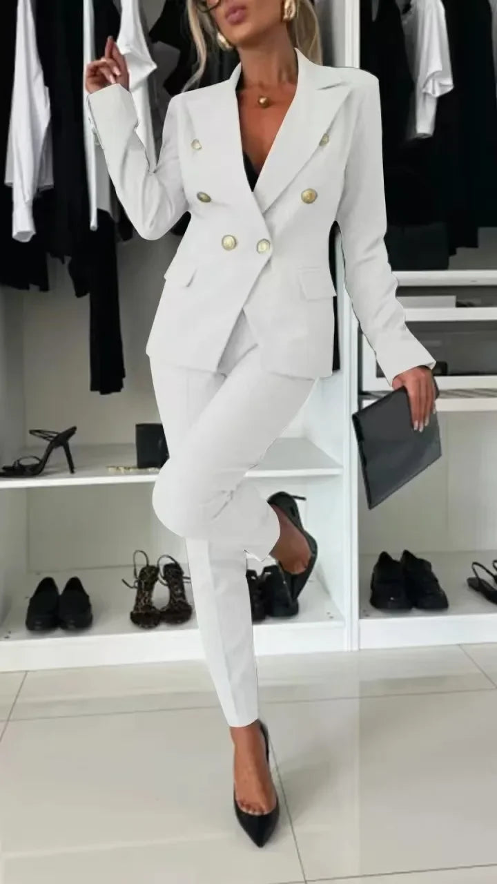NEW Arrivals 2PCS Set UK S-2XL Size 8 Colors Women Office Smart Clothes Suit Blazer Double Breasted Button Solid Color Jacket & High Waist Slim Pencil Pants Ladies Luxury Fashion Clothing Supplies