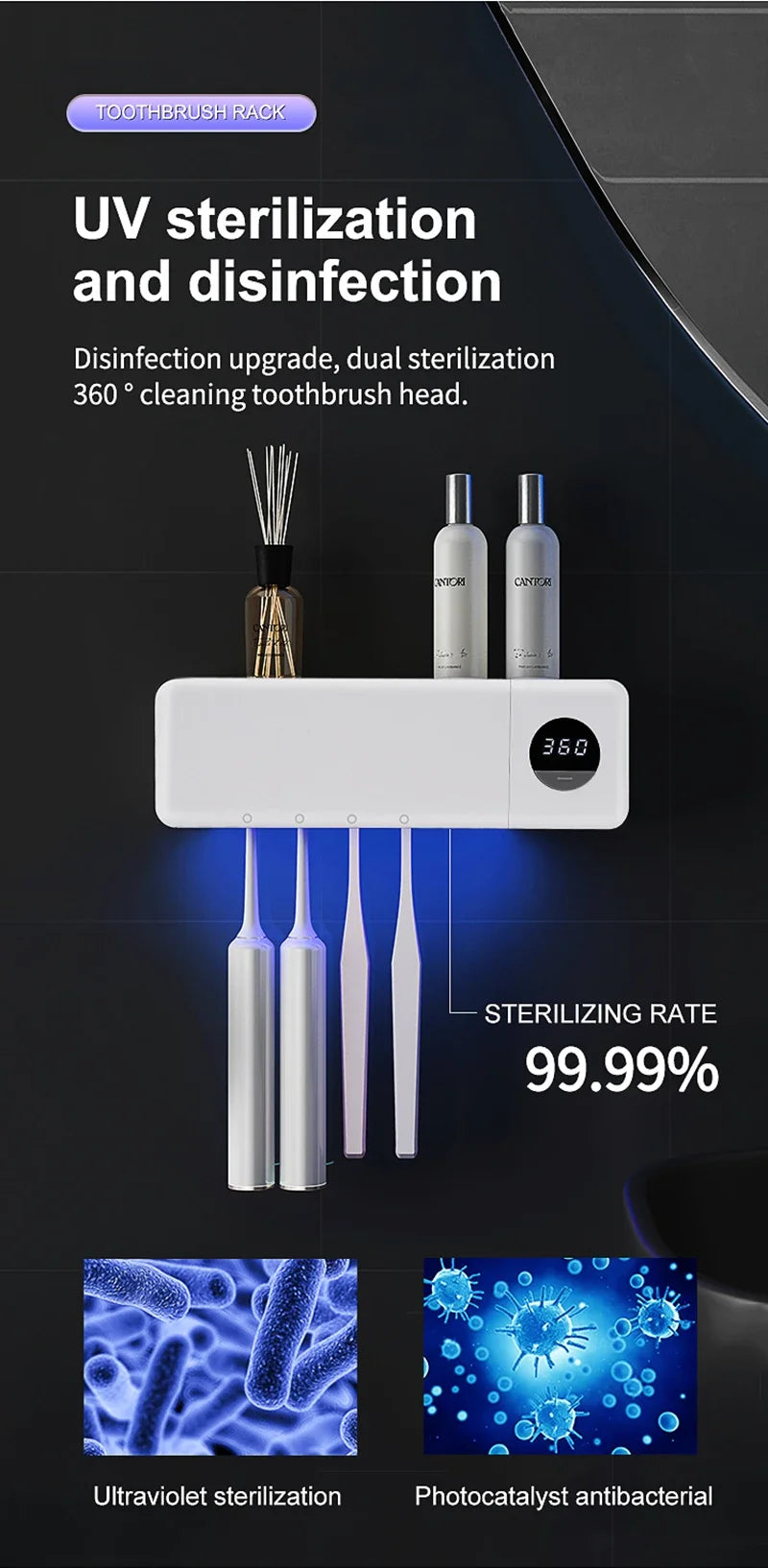3 PCS Set Electric Toothbrush Sterilizer UV Toothbrush Sterilizer USB Charging Wall Mounted Bathroom Toothbrush Holder Digital Display