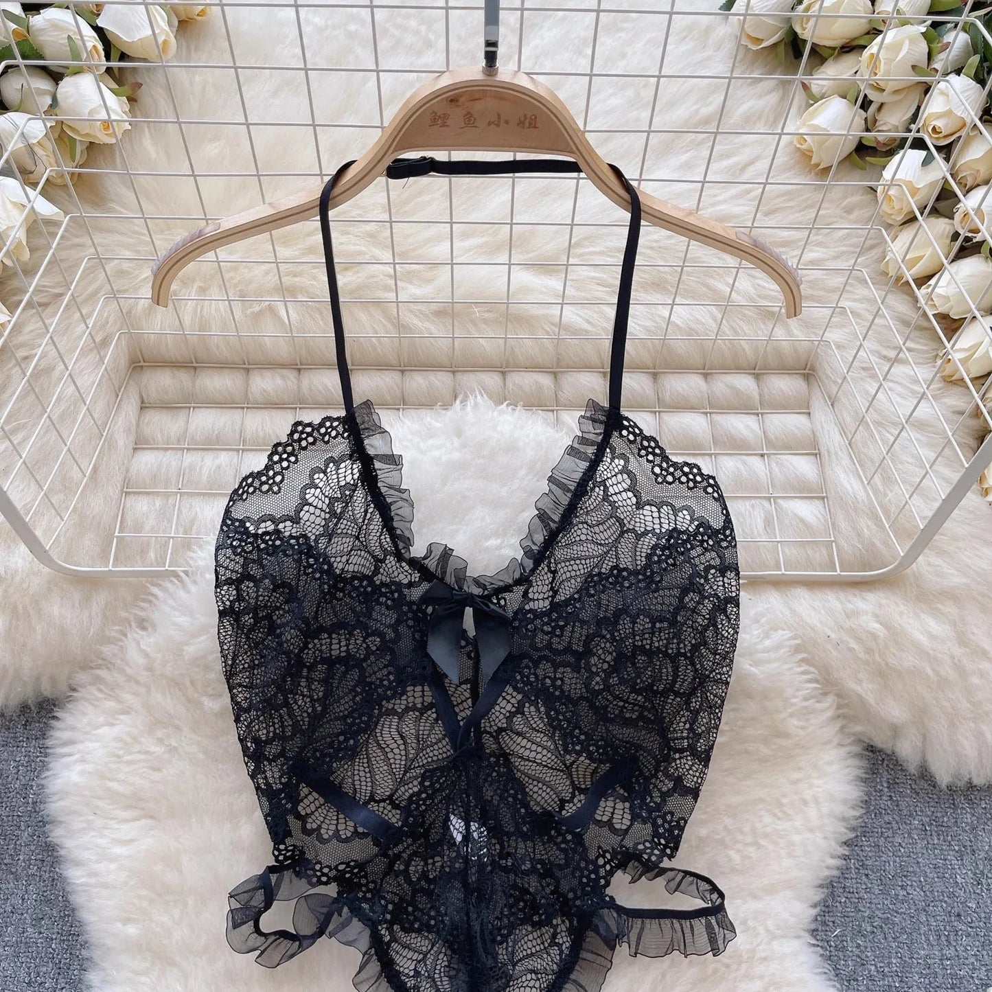 NEW Arrivals White/Black See-Through Lace Playsuit Halter Ruffle Hollow Bodysuit For Women Cloth Skinny Sexy Erotic Lingerie One Piece Backless Jumpsuit