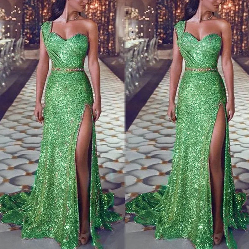NEW Arrivals M-4XL 8 Colors Women's Wedding Party Dress Evening Elegant Sexy Deep V-Neck One Shoulder Sleeveless Sequined Long Maxi Dresses Ladies Luxury Fashion Clothing Products