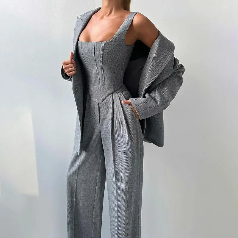 NEW Arrivals 3PCS Set UK Size Gray/Pink Color Luxury Women Top Blazer Pants Solid One Button Jacket Crop Tops High Waist Pocket Pant Evening Party Business Dinner Suit Office Lady Set