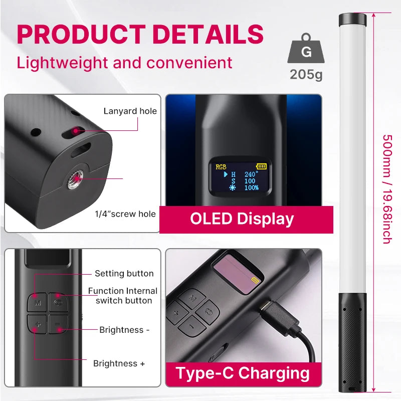 VL119 Handheld RGB Colorful Stick Light 19.68 inch Handheld LED Light Wand CRI 95+ 2500K-9000K Photography Studio Lamp