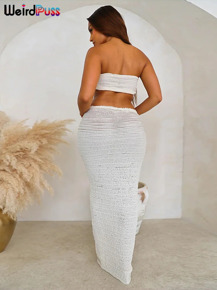 Elegant Women 2 Piece Set Midnight Thin Striped Knot Strapless Tops+Bandage Skirts Vacation Matching Clubwear