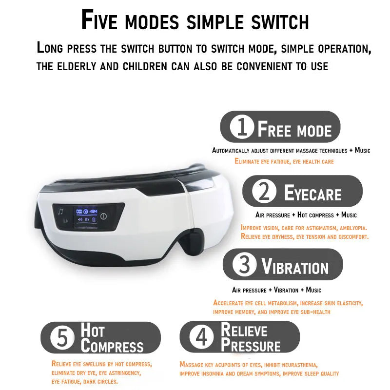 Eye Massager Vibration Air Pressure Heating Massage Relax Fatigue Stress Bluetooth Music