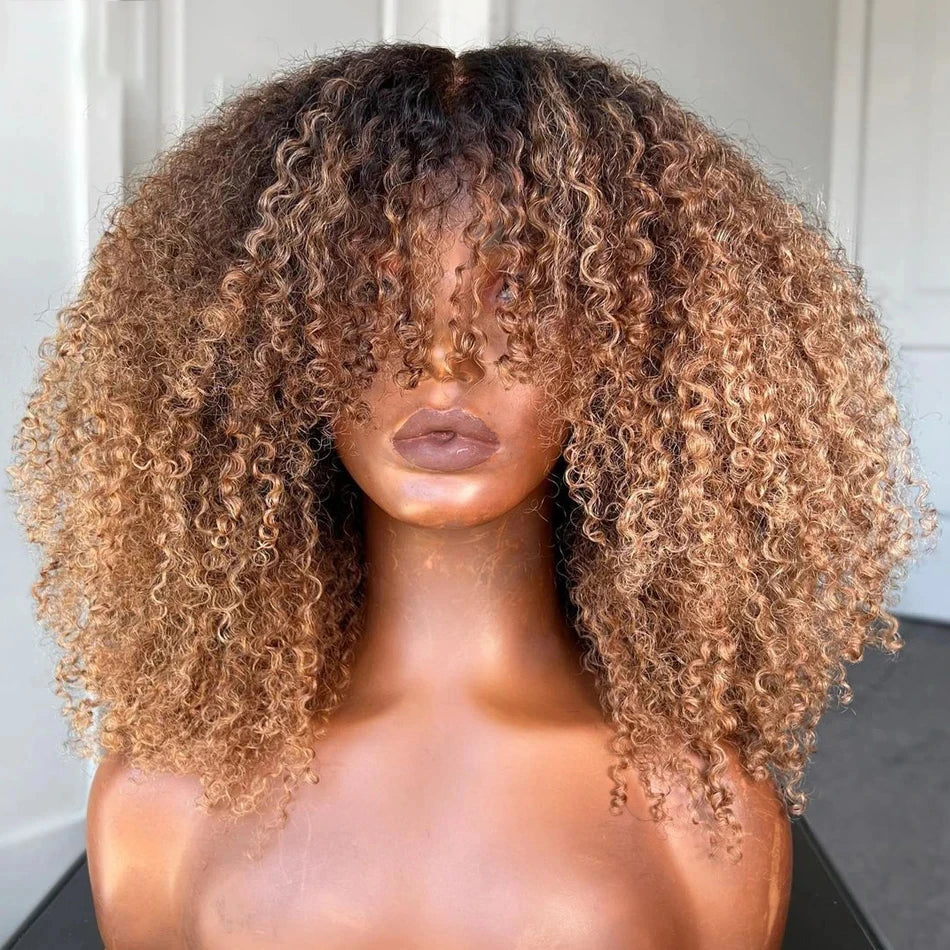 NEW Blonde and Afro Kinky Curly Bob 8-16Inc 180-250 Density Wig Human Natural Hair Machine Made Glueless Wig With Bangs Brazilian Ombre Blonde and Black Short Bob Wigs Human Hair