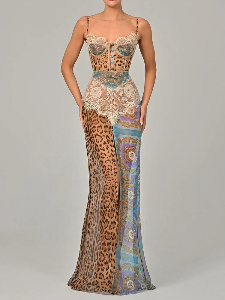 Blue/Coffee Color Sexy Leopard Lace Split Sexy Maxi Dress Women Gown Elegant Patchwork Chiffon Sleeveless Backless Beach Evening Party Dress