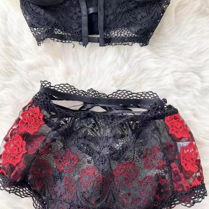 Gathering Underwear Set Super Short Tops Sexy Lingerie Patchwork Lace Flowers Black See-through Women's Secret Clothes Pajamas Ladies Luxury Lingerie Fashion Clothing Products