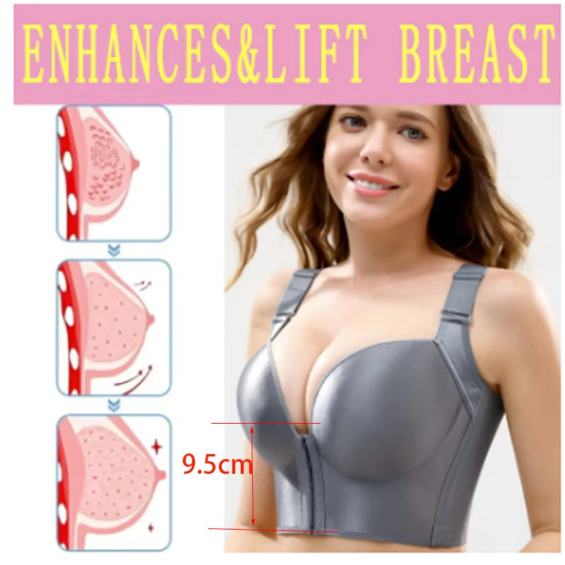 NEW Arrivals Plus Size 38(85)- 50(115) Pink/Black/Gray Colors Deep Cup Front Buckle Closure Bras Women's Hide Back Fat Full Coverage Underwear Wireless Thin Pad Luxury Shapewears