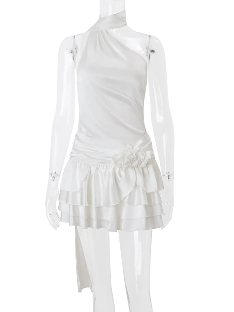 NEW Arrivals UK Size Satin Sexy Backless 3D Flowers Women Dress White Halter A-Line Dress Female Spring Summer Slim Elegant Evening Party Clubwear Outfit