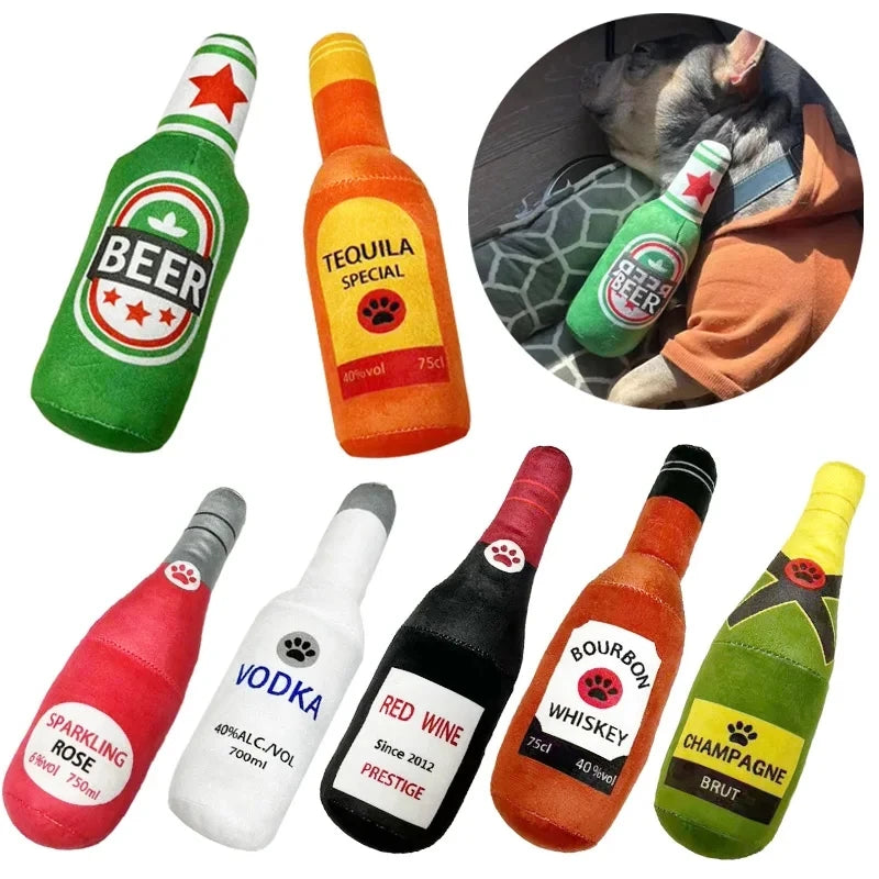 NEW Arrivals Creative Beer Champagne Vodka Bottle Shaped Plush Dog Squeaky Toys Soft Small Large Dog Interactive Bite-Resistant Clean Chew Toy Pet Accessories