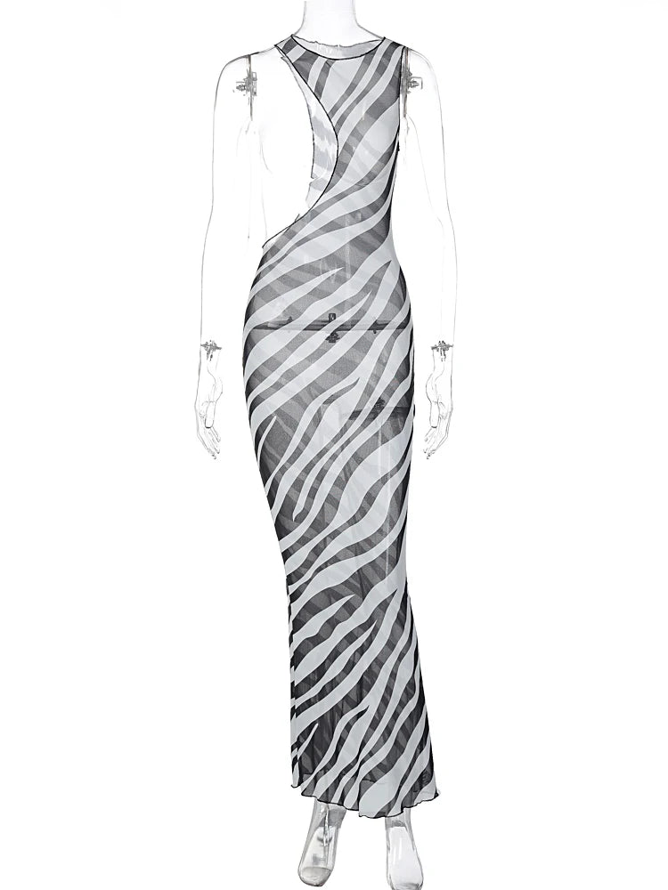 Mesh Sleeveless Striped Print Matching Color Hollow Out Sexy Maxi Dress Irregular Summer Women Beach Festival Outfit