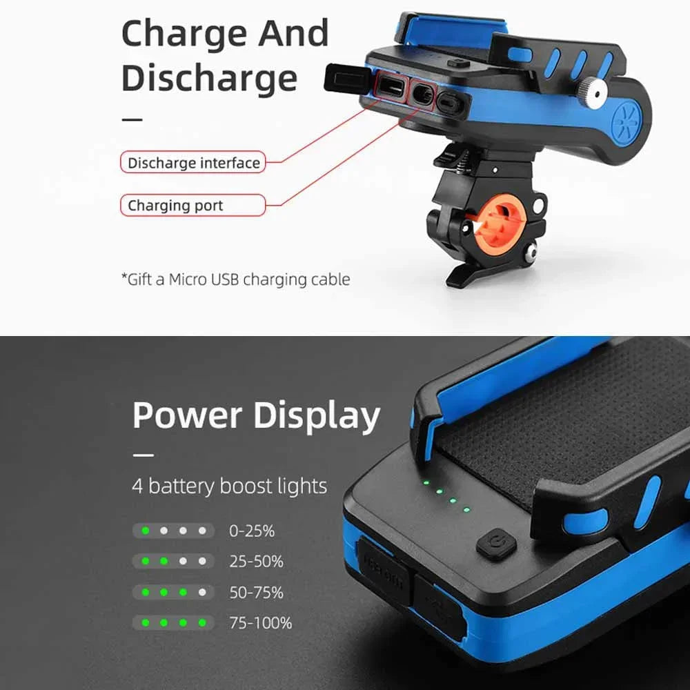 NEW Black/Blue/Red Color Rechargeable Bike Light Bike Flashlight LED Multifunction 4 IN 1 Set Bike Horn Holder Power Bank Bicycle Front Lamp Phone Stand Bicycle Accessories