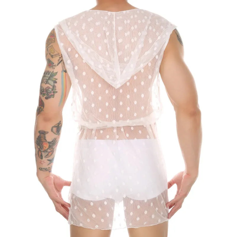 Lingerie Men Lace Hooded Night Robe Nightshirts Exotic See Through Slip Homme Hoodies Bathrobes Gay Nightrobe Robes Nightwear