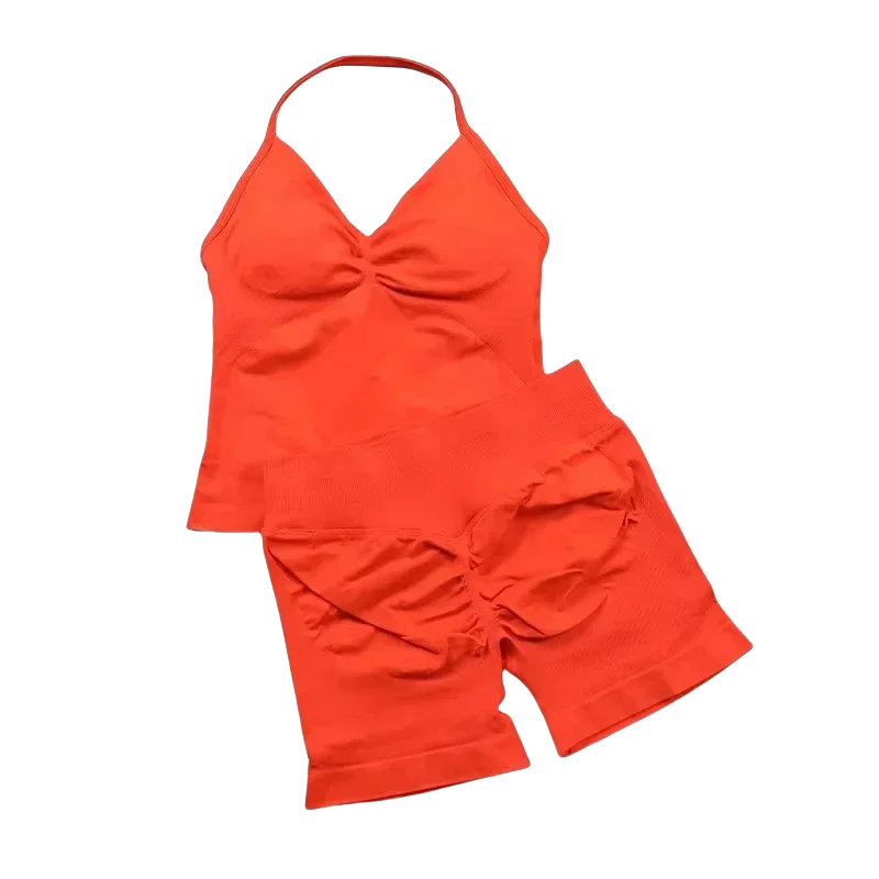 NEW Arrivals 2PCS Set 10 Colors Girls Yoga Gym Set Women's Strap Vest & Shorts Resistance Training Seamless Halter Tank Top Scrunch Butt Lifting Gym Shorts Set