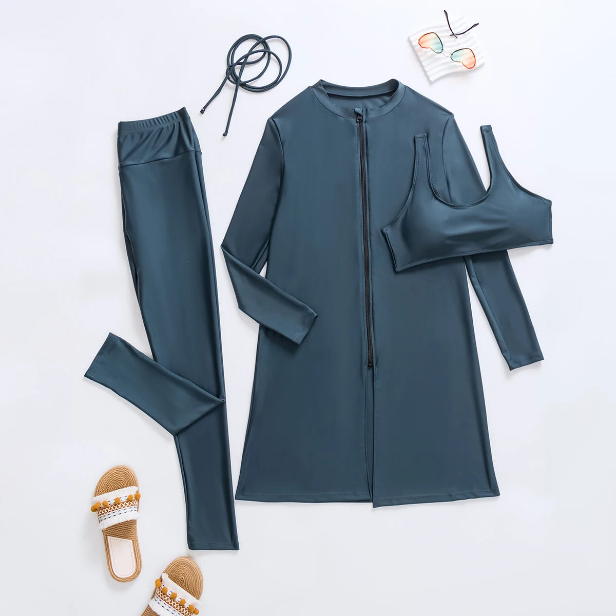 New Arrivals 3PCS Set Muslim Women Luxury Swimwear Burkini Solid Color Swimsuit for Muslim Ladies Long Sleeve Swimsuits Diving Suit and Surf Wear Middle East Dubai Algerian Summer Muslim Apparel Supplies