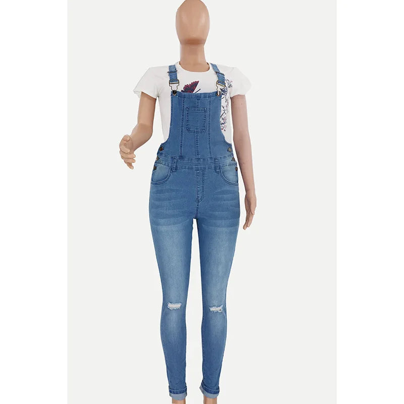 New Arrivals Woman Ripped Denim Jumpsuit Fashion Casual Sling Pants Jeans Jumpsuit S-2XL Global Girls Casual Fashion Apparel Supplies