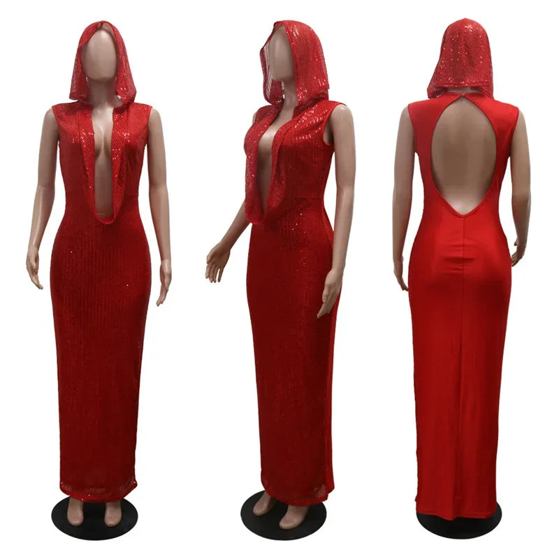 NEW Arrivals S-2XL Pink/Gold/Red Color Sexy Deep V-Neck Hooded Party Long Dresses Women Nightclub Prom Mesh See Through Sleeveless Glitter Sequined Bodycon Maxi Dress