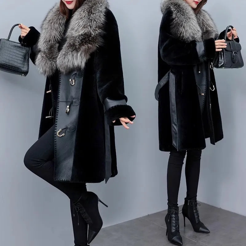 High-grade Luxury Fox Fur Collar Jacket Women's 2023 New Winter Temperament Fashion Fur Coats Black Female Warm Parkas Overcoat