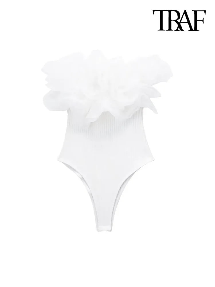 TRAF Women Fashion With Organza Ruffle Rib Knit Bodysuits Vintage Straight Neck Exposed Shoulders Female Playsuits Mujer