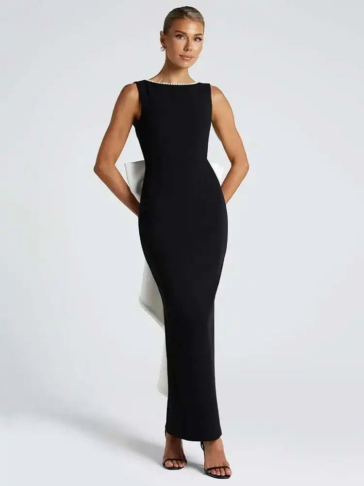 NEW Elegant Pearl Bow Backless Sexy Maxi Dress Women Gown Fashion Sleeveless High Waist A-Line Club Party Long Dress
