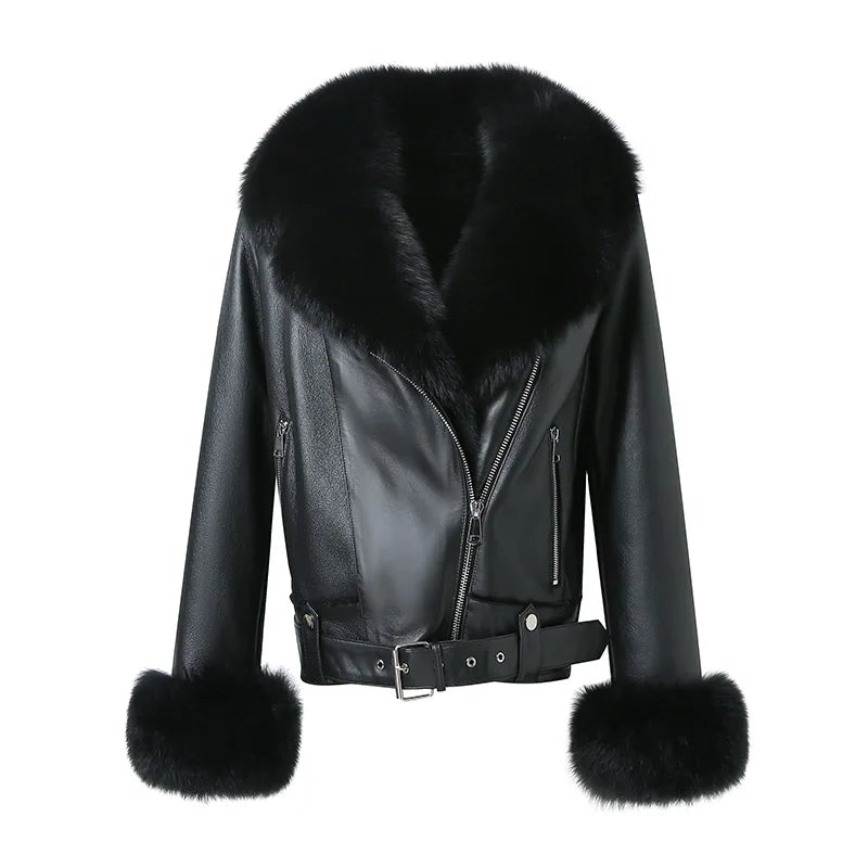 Real Shearling Jacket Real Fox Fur Collar Cuff Coats Women Winter Overcoats Genuine Sheepskin Leather Jacket