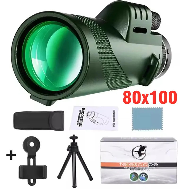 NEW 80x100 HD Zoom Monocular Telescope Portable Powerful Binoculars Long Range Telescope For Hunting Camping With Tripod Phone Clip