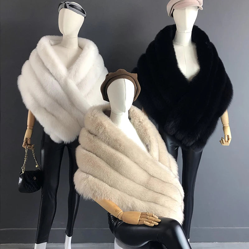 NEW Luxurious Women Ladies Real Fox Fur Shawl Vest Jacket Fluffy Fur Cape Natural Fur Poncho Fur Lady Scarf Wrap Coat Shawl Evening Wedding Party Winter Clothes Supplies Female Fashion Clothing Accessories Products