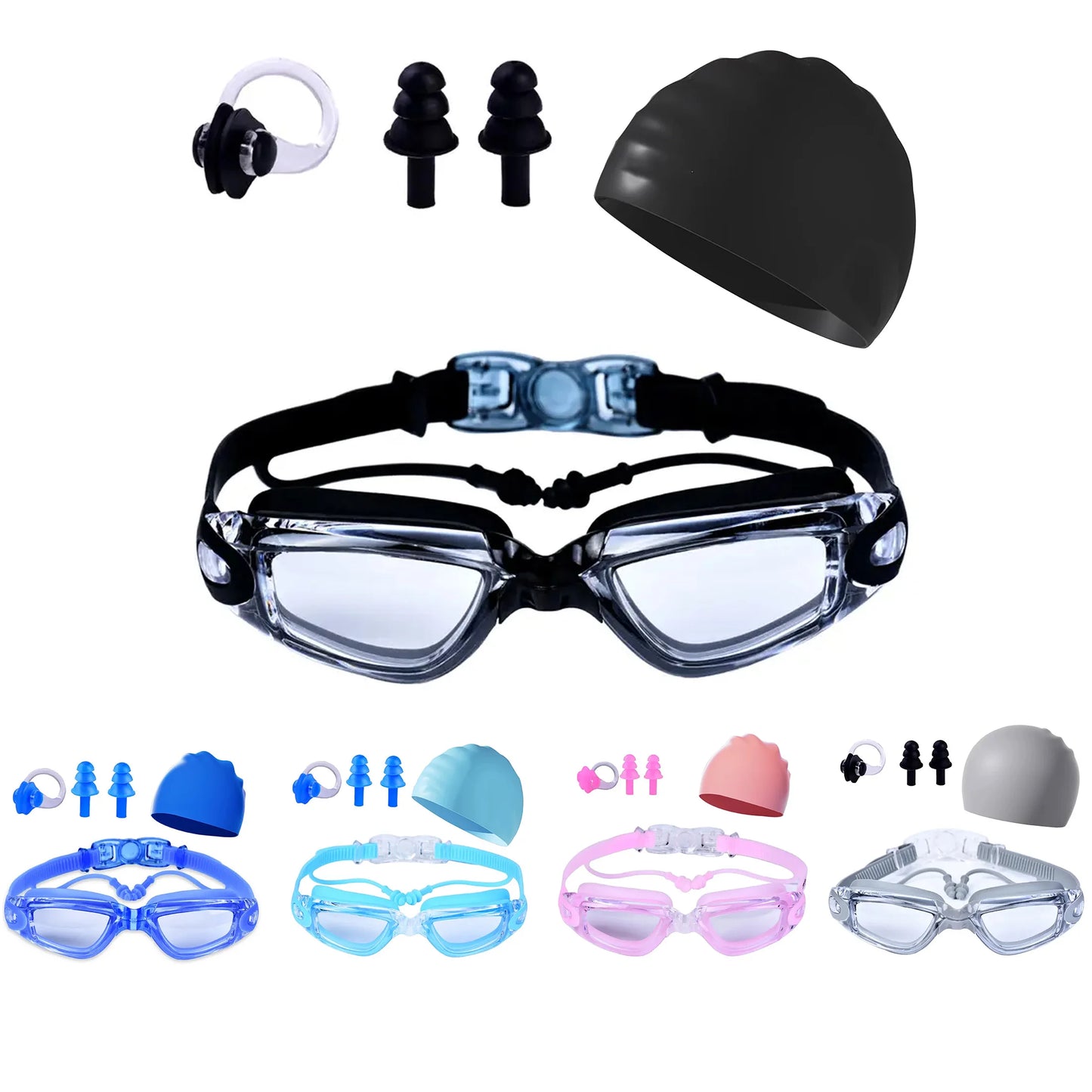 NEW 4 Colors Adult Swimming Goggles High Definition Swimming Water Pool Beach Goggles Non-Eye-Proof Silicone Earplugs Large Frame Anti-Fog Professional Waterproof Nose Ear Protection Set