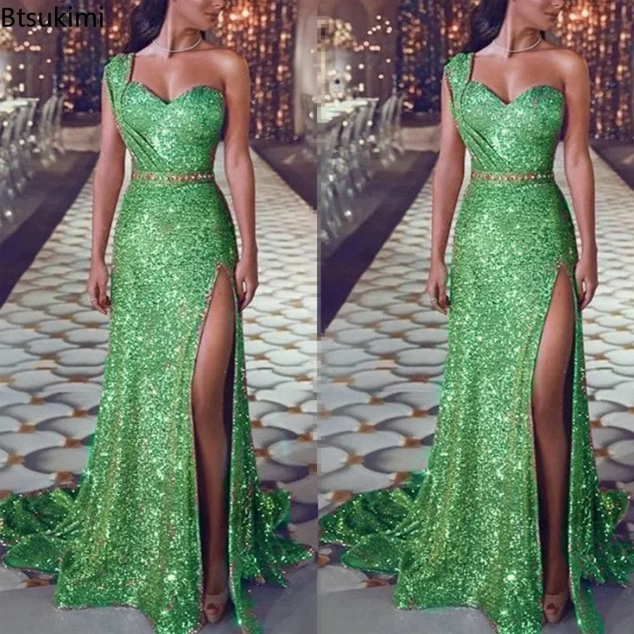 NEW Arrivals M-4XL 8 Colors Women's Wedding Party Dress Evening Elegant Sexy Deep V-Neck One Shoulder Sleeveless Sequined Long Maxi Dresses Ladies Luxury Fashion Clothing Products