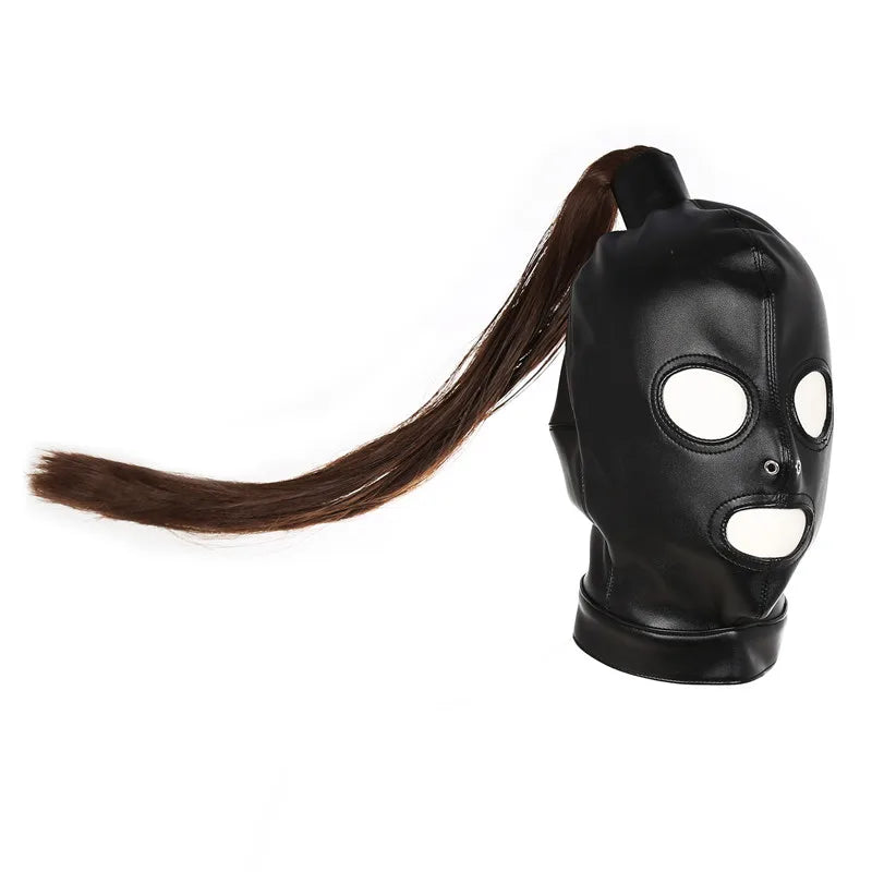 Women Men Black Leather Mask Rubber Hood With Braid Wigs Cosplay Costumes Headgear Club stage Customized Handmade