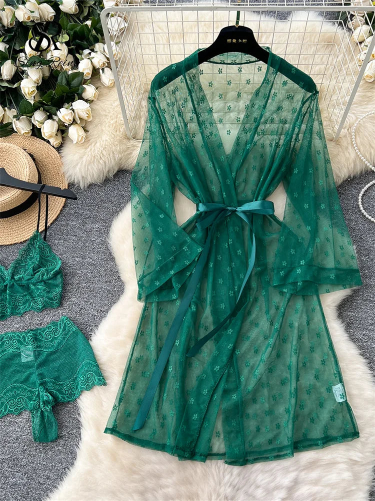 NEW Arrivals 3PCS Set Sexy Luxury Lace Sheer Sexy Cardigan Robes Underwear Sets Fashion Cami Short Mini Lingerie Women Transparent Wedding Night Robes Suits Girls Ladies Luxury Lingerie Fashion Apparel Products
