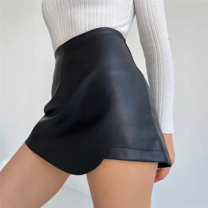 NEW Arrivals Silver/Brown/Black Women Shorts High Waist Sexy Elegant PU Leather Skirts Office Lady A-Line Asymmetrical Bottom Evening Party Night Clubwear Workwear Girls Sexy Apparel Accessories