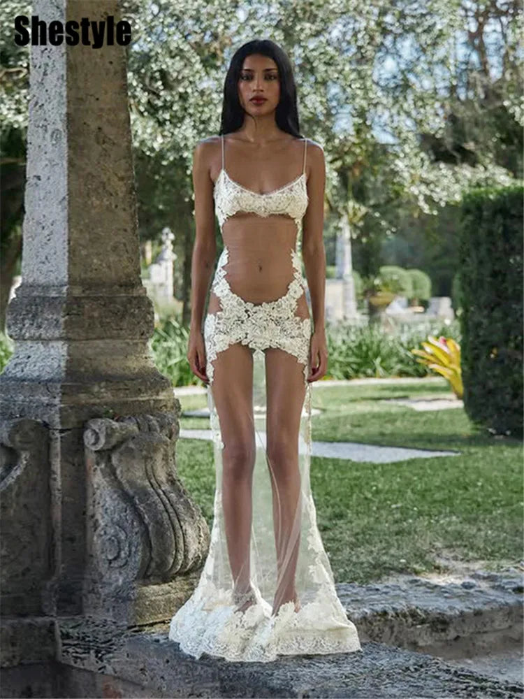 NEW UK Size Handmade Lace Transparent Mini/Maxi Dress Sexy Women Wrapping Spaghetti Embroidery Flower Sheath Nightwear Club Mesh Wave Fantasy Girls Sexy See Through Short and Long Dress