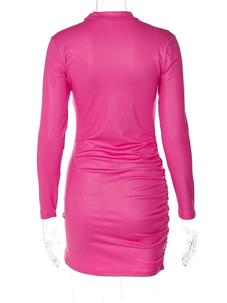 Sexy PU Leather Folds Slim Bodycon Dress Women Solid Color Long Sleeves Skinny Mini Dress Elegant Club Party Hot Sexy Mini Dress