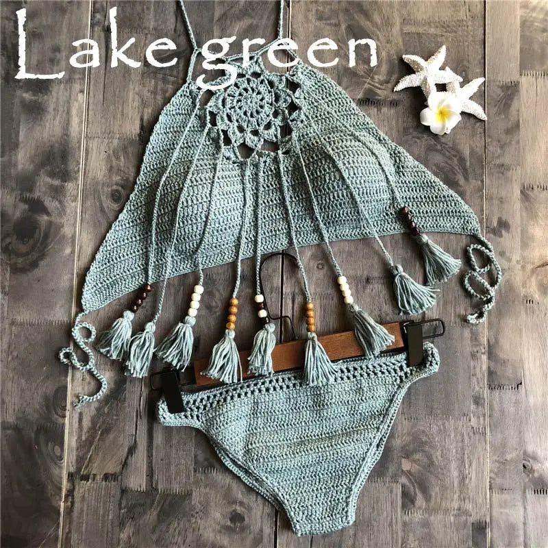 NEW Arrivals 7 Colors Handmade Women Knitted Swimwear Sexy Bikini 2PCS Set Swimsuit Female Push Up Brazilian Biquini Bathing Suit Thong Bather Bikini Set Girls Ladies Beachwear